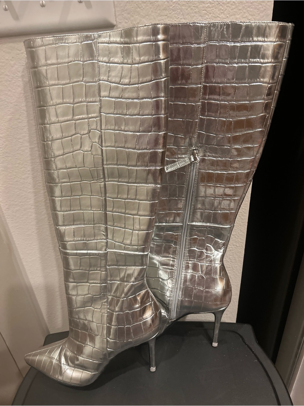 Silver Croc-Embossed Knee-High Stiletto Boots